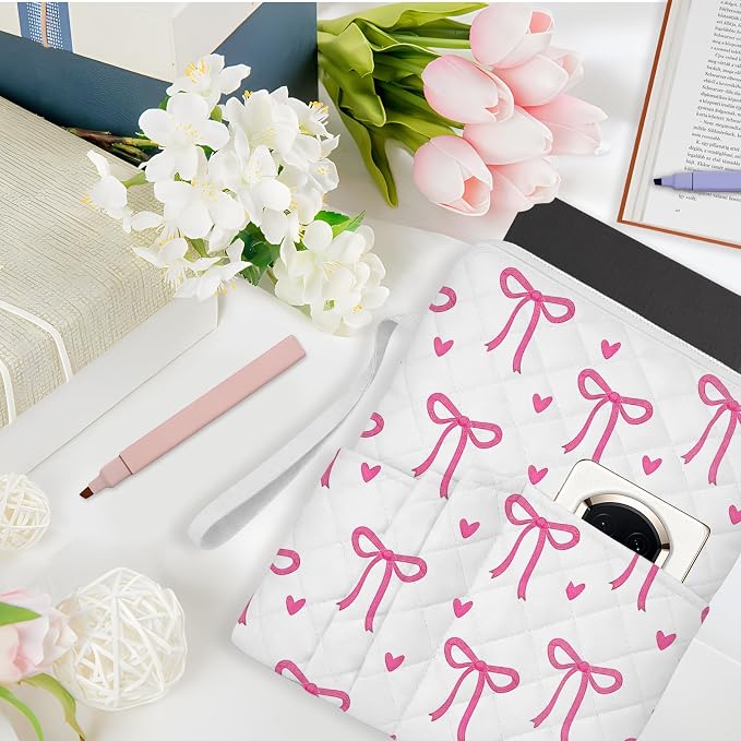 Bible Study Supplies Kit for Women, Quilted Pink Bow Bible Cover Case, Bible Bag with Handle Zipper & Pockets, Book Sleeve Pouch, Bible Accessories Gift for Girls,10x8 Inch