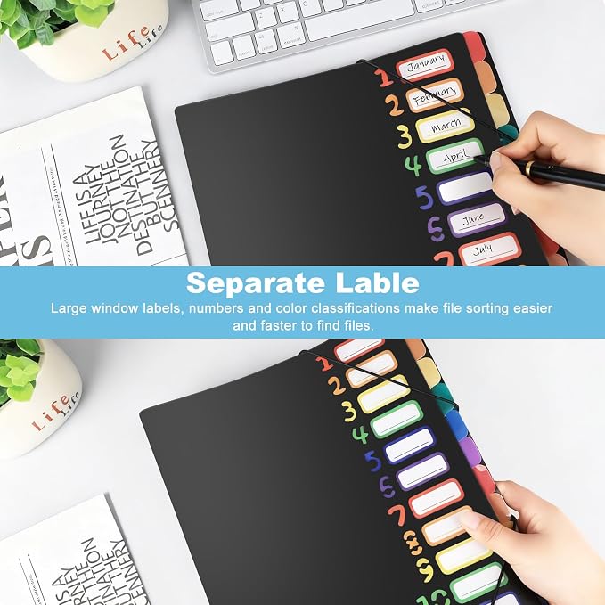 1 Pack Expanding File Folder with 12 Pockets: A4 Accordion Document Organizer with Elastic Closure & Rainbow Tabs, Portable PP Plastic File Holder for Office, School, Home (Black-1 Pack)