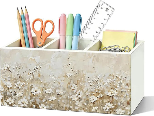 Dark white Floral Pen Pencil Holder for Desk, Academia Cottagecore Botanical Flower Wooden Box Sign Organizer for Home Room Office Bedroom Desk Accessories Tabletop Decorations