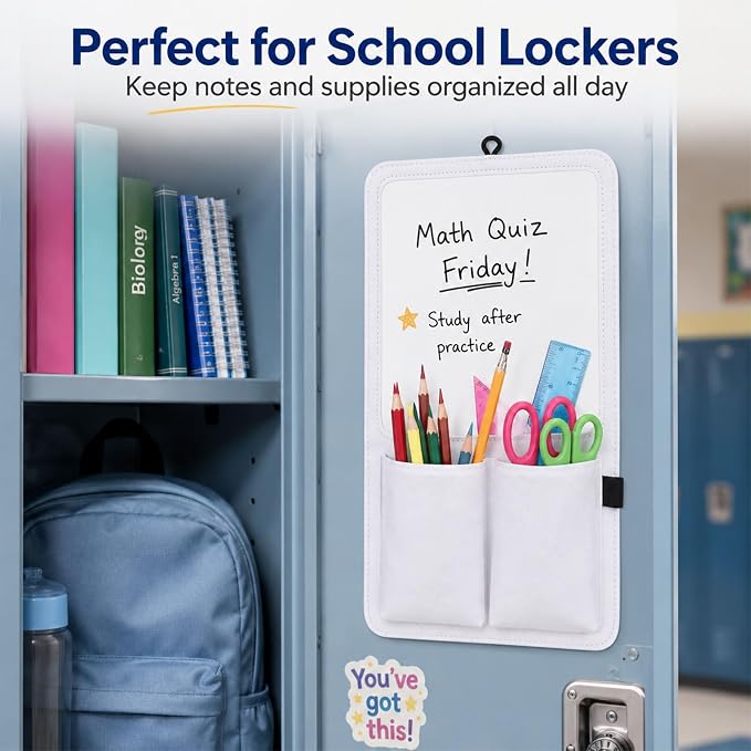 Briwooody Magnetic Locker Organizer 7.8 x 12.6 Inch Locker Accessories Magnetic White Board with Holder Bag Back to School Holder Bag First Day of School Supplies for Cabinet Refrigerator(White)