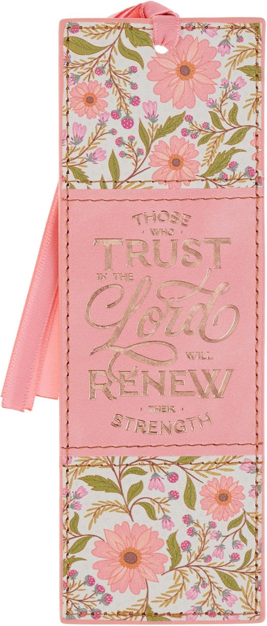 Christian Art Gifts Premium Faux Leather Inspirational Scripture Bookmark for Women: Trust in the Lord Encouraging Bible Verse, Multicolor Coral Pink Floral Design w/Gold, Cute Satin Ribbon Markers