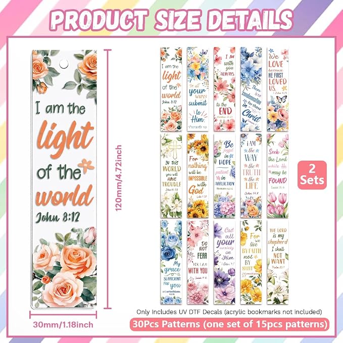 Peacoblue 30pcs UV DTF Bookmarks Wraps Transfer Stickers Bible and Scripture for Women Men Reading, Waterproof Bookmarkers Decal(No Blank Bookmarks) for Acrylic Plastic Metal Blank Bookmark
