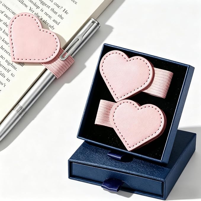 4 PCS Magnetic Leather Bookmarks with Pen Holder Gift Box, Heart-Shaped Magnetic Book Marks, Bookmark Magnetic, Magnetic Page Markers for Book Lovers, Teachers, Students, (Pink+Blue)