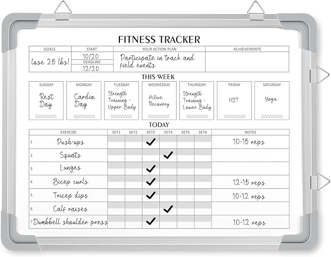 Lincia 16 x 12 Inch Fitness Tracker Whiteboard Workout Calendar for Home Gym Dry Erase Planner Hanging Removable to Do List for Wall Whiteboard with Aluminum Frame for Gym Program(Style A)