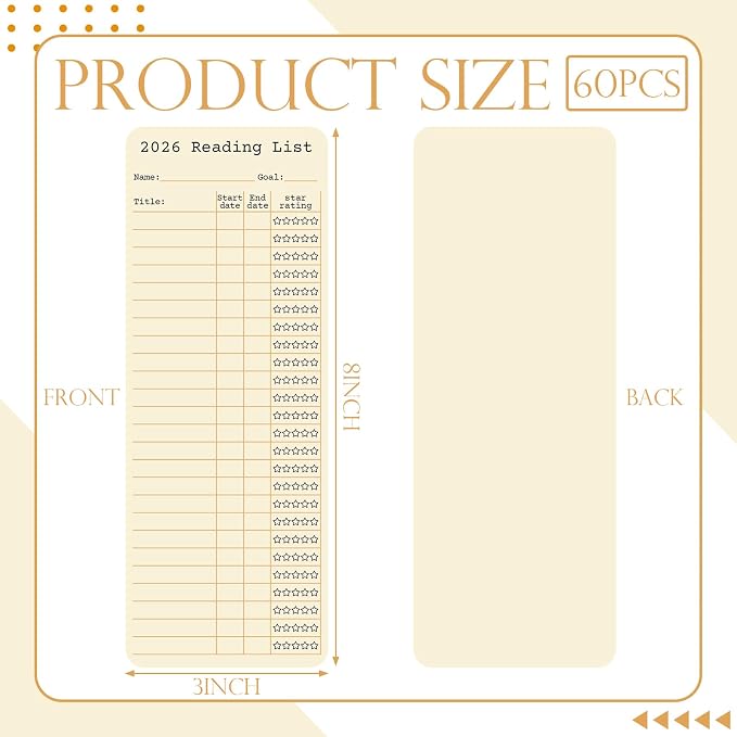 60 Pcs 2026 Reading Log Bookmark 3 x 7.9 Inch Reading List Bookmark Book Lovers Gifts Beige Library Book Tracker Notecards for Teachers Students Supplies School Library Accessories