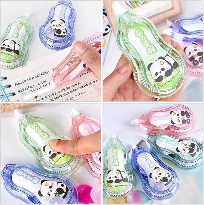 Ciieeo 4pcs Correction Tape for Students with Cartoon Panda Design, Portable Small Eraser Tape Set in Pink Blue Green and Cyan, Classroom and School Supplies for Daily Writing Correction