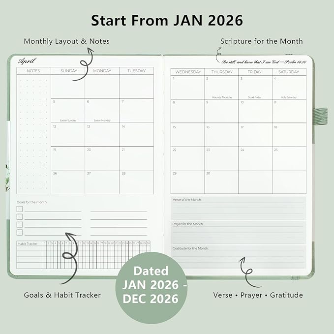 2026 Christian Planner for Women & Man – 5.7"x8.3" 12-Month Hardcover Bible Journal and Prayer Organizer, Faith-Based Weekly & Monthly Planner with Scripture Verses, Christian Gifts (Sage Green)