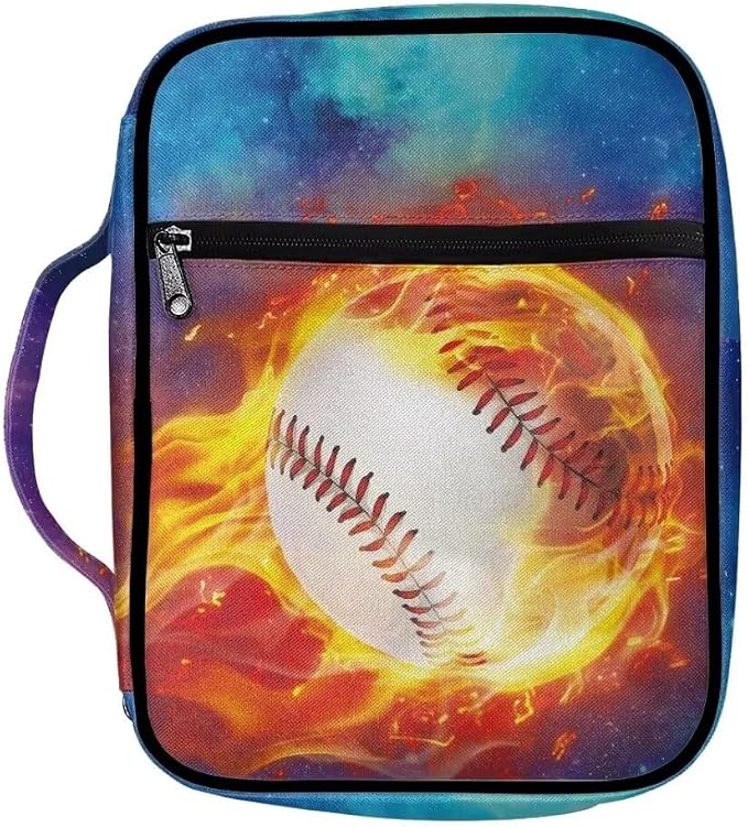 Coldinair Fire Baseball Bible Cover for Kids Teen Men,Galaxy Church Bible Protective Book Case with Pen Slot Handle & Zippered Pocket Red Marble Travel Christian Bible Accessories,Blue