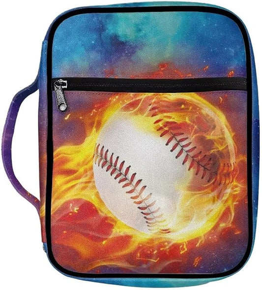 Coldinair Fire Baseball Bible Cover for Kids Teen Men,Galaxy Church Bible Protective Book Case with Pen Slot Handle & Zippered Pocket Red Marble Travel Christian Bible Accessories,Blue