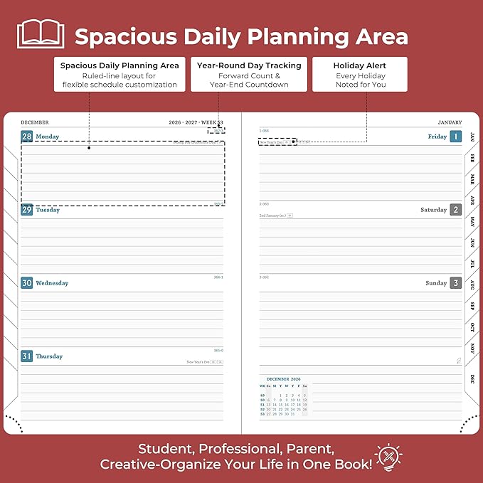 Weekly Monthly 2026-2027 Planner (July 26-Dec 27),8.5"x6.5",18 Months Agenda Plan with Month Tabs & Pocket,Expenses/Note Pages, Academic Calendar with Vegan Leather Cover,Red