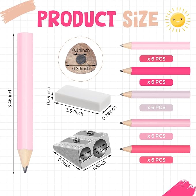 Marspark 30 Pcs Short Triangular Fat Pencils Bulk 3.5 Inch Wooden Triangular Jumbo Pencils with Sharpener and 2 Erasers for Preschoolers, Kindergarten, Toddlers, Beginners and School(Pink Colors)