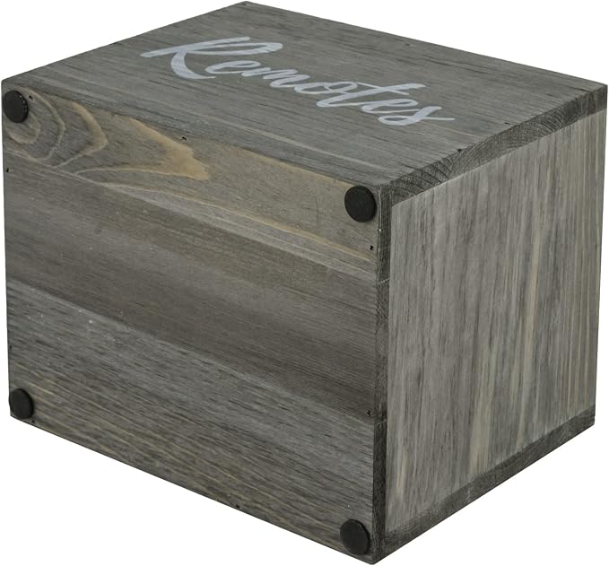 MyGift Vintage Gray Weathered Solid Wood Remote Holder for Table, 2 Compartment Caddy Holds TV DVD Blu-Ray Controls, Media Storage Box with White Cursive Remotes Label