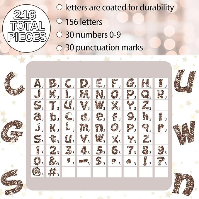Colarr 216 Pcs Glitter Bulletin Board Letters for Classroom Number Alphabet Punctuation Symbol Cutout 4'' Die-Cut Poster Letter with Adhesive Dot School Party Holiday Decor Display(Brown)