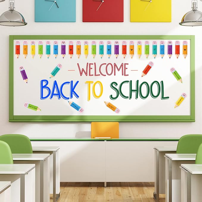 AnyDesign 49 Pcs Colorful Pencil Cut-Outs Back to School Cutouts Bulletin Board Decor with 100 Pcs Glue Points Pencil Name Tag Label for DIY Classroom Kindergarten First Day of School Decor