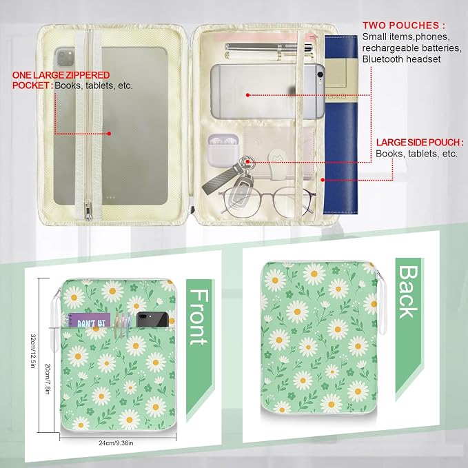 Book Sleeve Pouch Chrysanthemum Book Covers for Paperback with Zipper and Front Pocket, PU Leather Waterproof Book Sleeve for Book Lovers Librarian Teacher Gifts