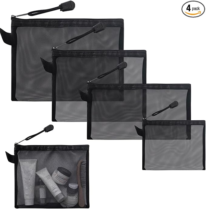 4 Sizes Mesh Pouch, Nylon Mesh Bags With Zipper, Waterproof Clear Purse Organizer Pouches for Travel, Multipurpose Cosmetic Pouch for Office School Puzzles Home Organization - Black