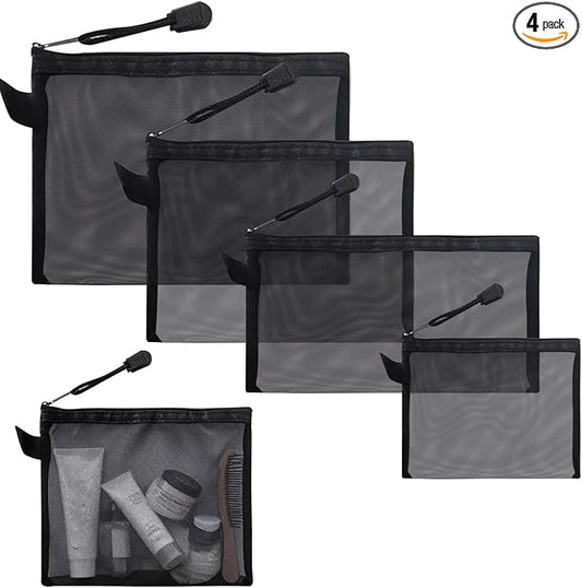 4 Sizes Mesh Pouch, Nylon Mesh Bags With Zipper, Waterproof Clear Purse Organizer Pouches for Travel, Multipurpose Cosmetic Pouch for Office School Puzzles Home Organization - Black
