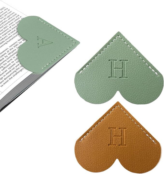 2Pcs Personalized Leather Heart Bookmark with Initial, 26 Letters Custom Corner Page Book Mark for Reading Women, Book Lovers, Teachers, Students, Cute Book Accessories Gifts(Green+Light Brown, H)