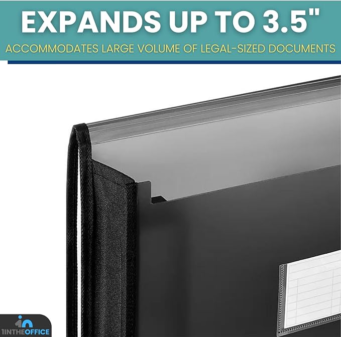 1InTheOffice Plastic Expanding File Wallet, Plastic Envelopes with Elastic Closure, 3.5" Expansion, Legal Size, Black, 1 Pack