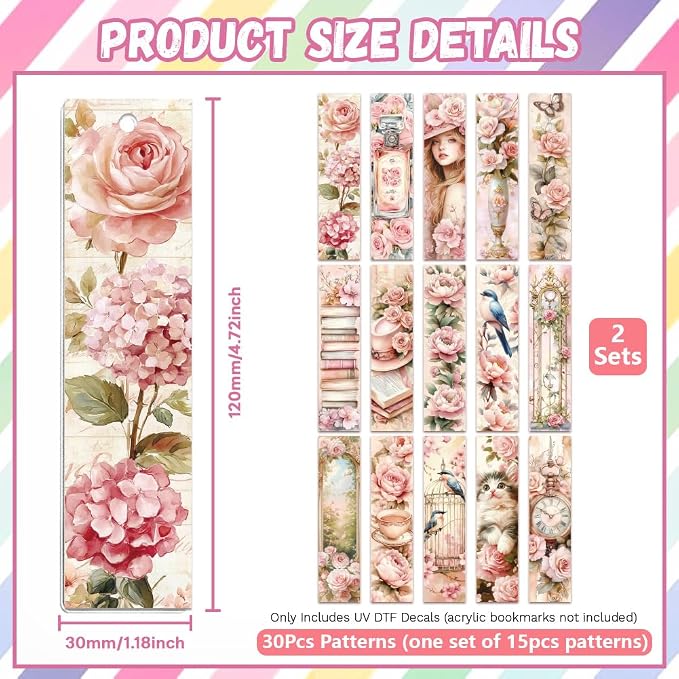 Peacoblue 30pcs UV DTF Bookmarks Transfer Stickers Wraps Pink Retro Flowers for Women Men Reading, Waterproof Bookmarkers Decal(No Blank Bookmarks) for Acrylic Plastic Metal Blank Bookmark