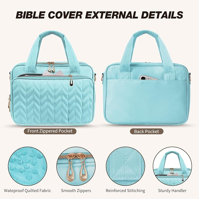 KOPKOFT Bible Cover Case for Women, All-in-One Bible Study Supplies Journaling Kit with Highlighters Tabs, Quilted Book Carrying Cases, Christmas Christian Gifts for Women(Blue Green)