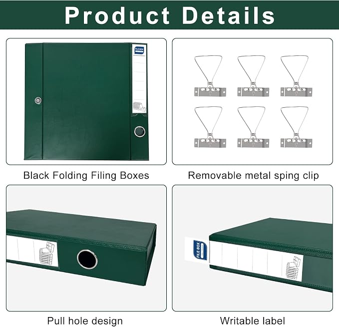 Storage File Boxes A4, 6 Pack Foldable File Box with Clip, 50mm Spine, Plastic Archives Cases with Magnetic Closure, Document File Folder Organizer Storage Filing Box for Office School, Green