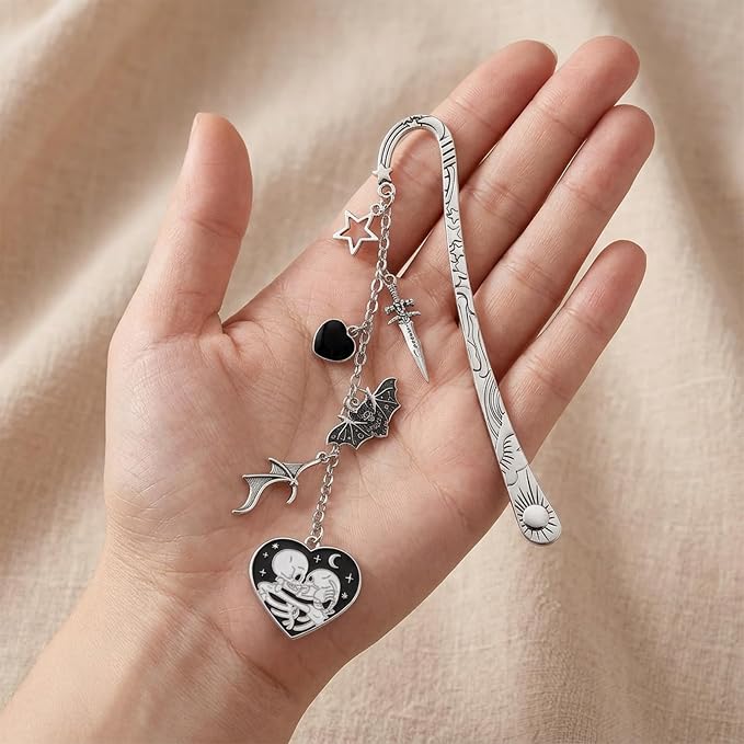 Gothic Metal Bookmark Gifts - Silver Dark Romance Bookmarks for Women Men Book Lovers Skull Sword Charm Pandent Page Marks Merch School Reading Accessories Bookish Birthday Graduation Gift