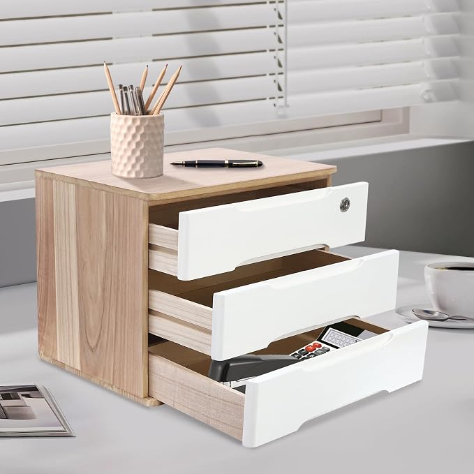 3-Tier Desk Organizer with Lockable Drawers,1 Locks & 2 Keys, Categorized Storage Desktop File Cabinet,Wooden Desktop Storage Box (Wood Color, White)