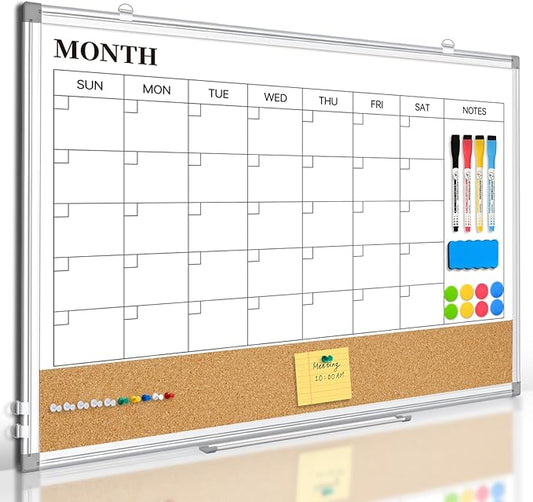 Dry Erase Calendar Whiteboard for Wall, 24"x18" Magnetic Monthly White Board Cork Board Combo, Double Sided, Aluminum Frame, Wall Hanging Wipe Board for Home, Office, School, Dorm