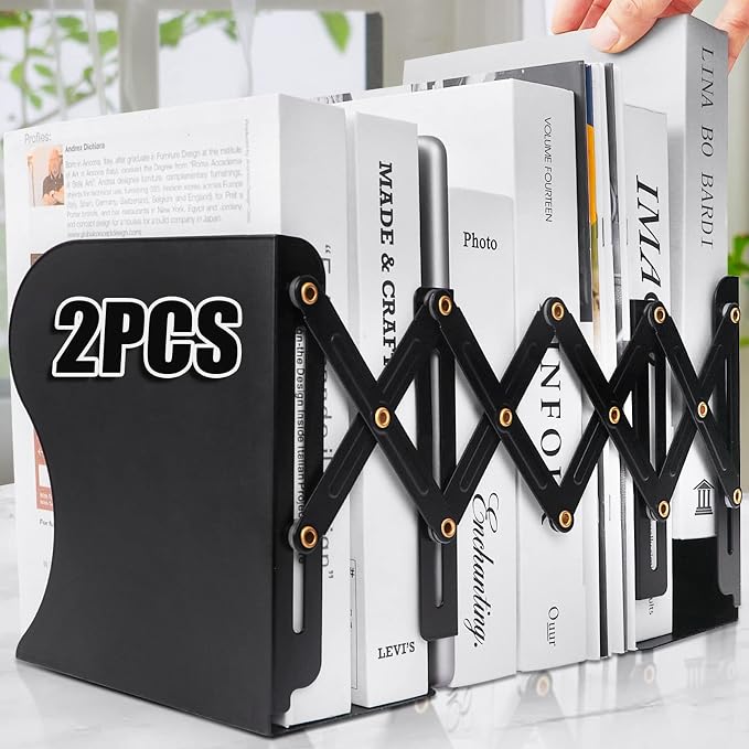 2PCS Heavy Duty Book End to Hold Books, Adjustable Bookends Book Holder for Shelves, Decorative Book Organizer for Desk, Sturdy & Flexible - Metal Book Ends Binder Holder for Tabletop