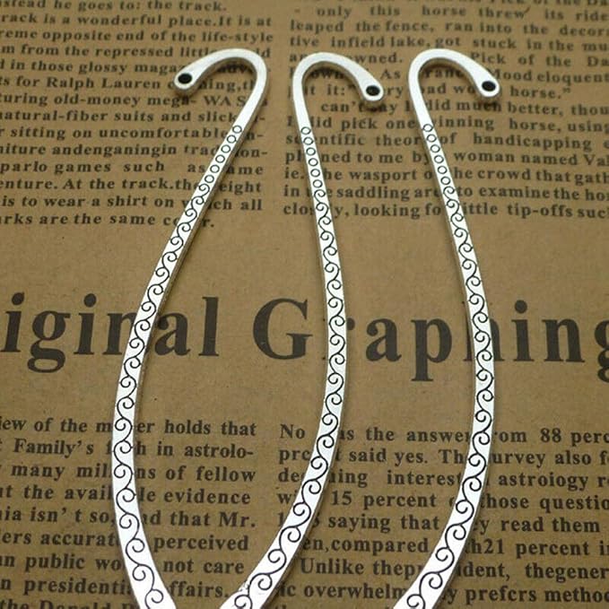 EKDJKK 20 Pack Metal Bookmark Hairpin Hook Antique Vintage Silver Carved Hook Bookmark with Loop Metal Book Markers Embossed Bookmarks, Jewelry Making Charms