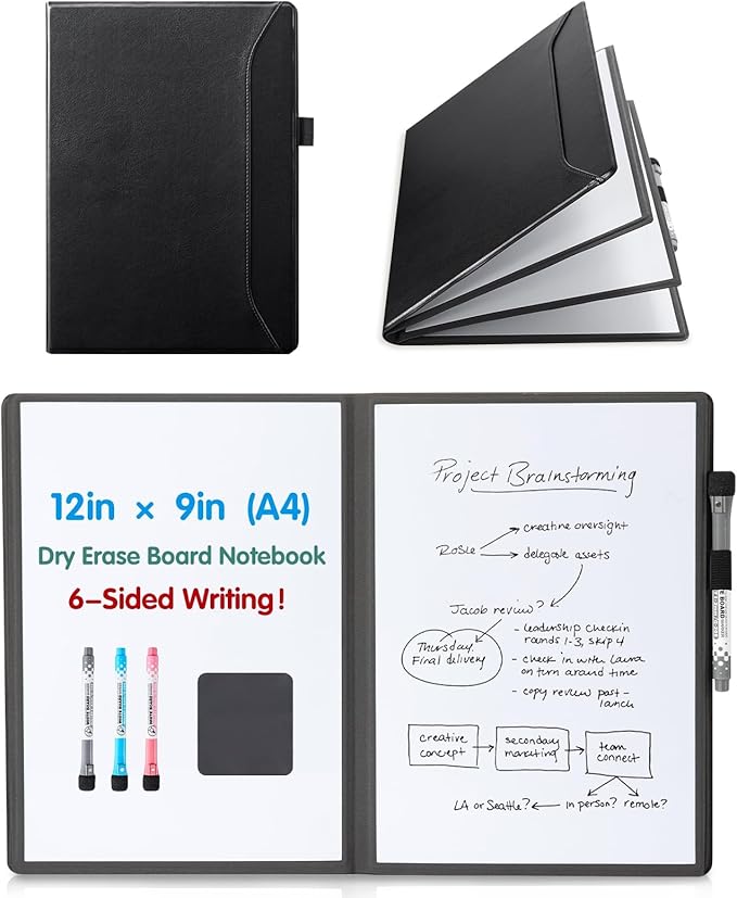 CoBak 6 Sides Portable White Board 12x9 inch (A4) - Notebook Design Dry Erase Small Board with Pocket and 3 Markers, Anti-Ghosting Surface for Office, School, Homeschool with Gift Box (Black)