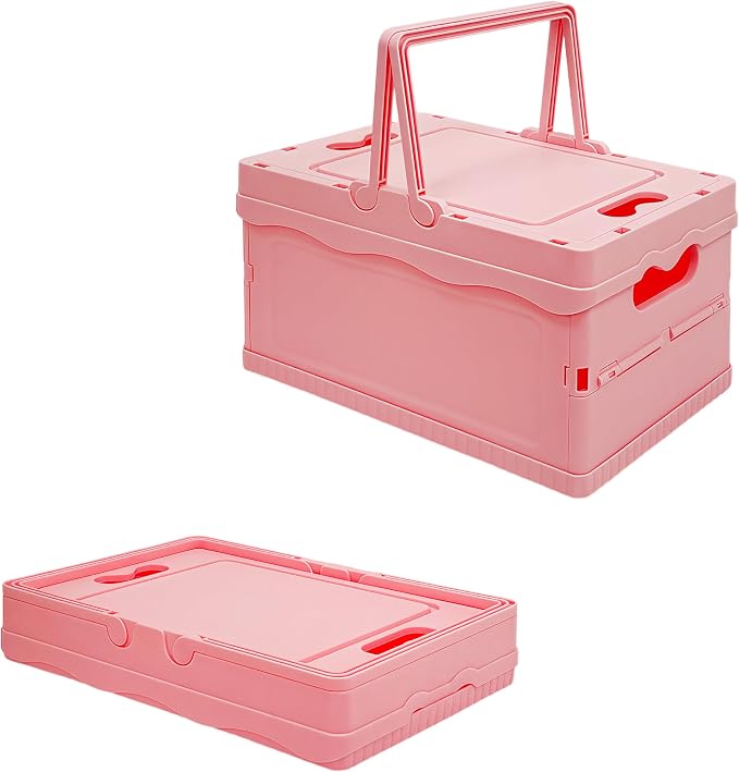 Tixill Small Collapsible Storage Crates, Foldable Plastic Baskets with Lids and Handles for Organizing, Mini Stackable Bins for Home Kitchen Bedroom Bathroom Office (12 * 8 * 7InPink)
