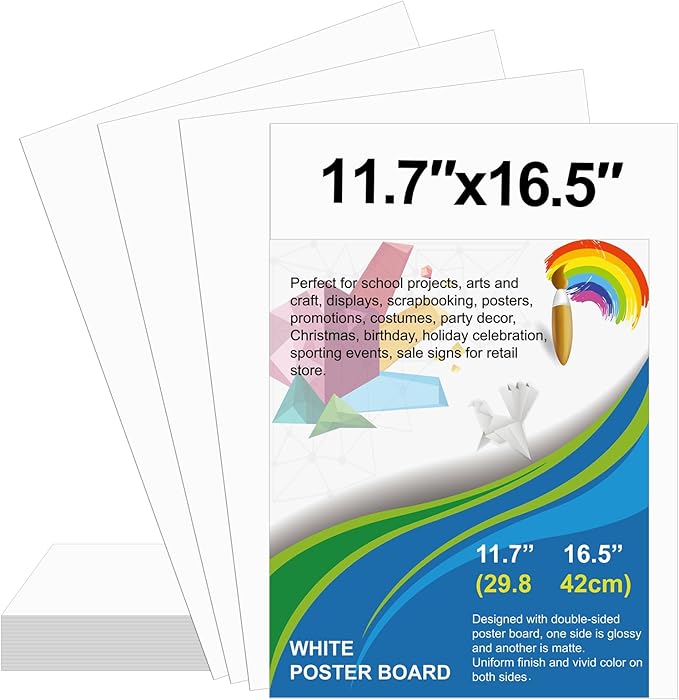 25 Pcs Poster Board 11.7 x 16.5 Inches White Poster Board Paper Bulk, ROOKEA 250 GSM Thickness Vision Board Blank Graphic Display Posterboards for Drawing Artwork School Arts Crafts Projects