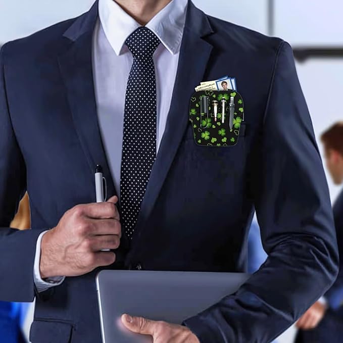 chaqlin Pocket Protector for Pen Leaks - Cute Green Leaves Print Pen Holder Pouch for Shirts/Pants/Lab Coats, Pencil Pocket Holder School Office Hospital Supplies