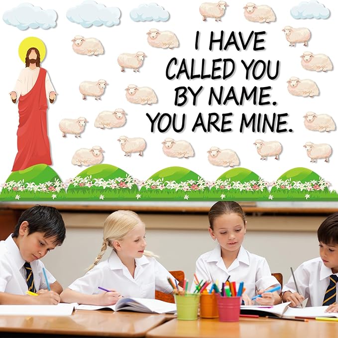 Christian Jesus Bulletin Board Set Religious Classroom Decorations I Have Called You By Name Bulletin Board Sheep Paper Cutouts for Sunday School VBS Home Church Chalkboard Door Wall Decor