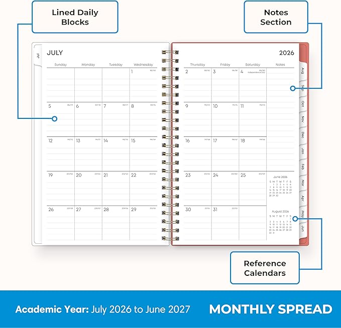 Blue Sky 2026-2027 Weekly and Monthly Academic Year Planner Calendar, July 2026 - June 2027, 5" x 8", Clear Pocket Cover, Wirebound, Laminated Tabs, Cali Pink
