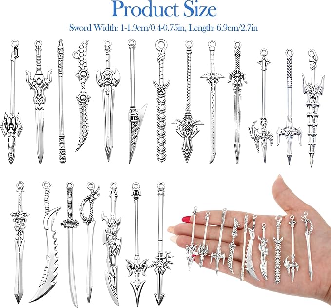 20 Pcs Antique Sword Bookmark, Metal Vintage Knife Charms Silver Sword Pendants Keychain Mini Ancient Knife Accessory Gift for Book Lovers DIY Keychain Necklace Craft Gift