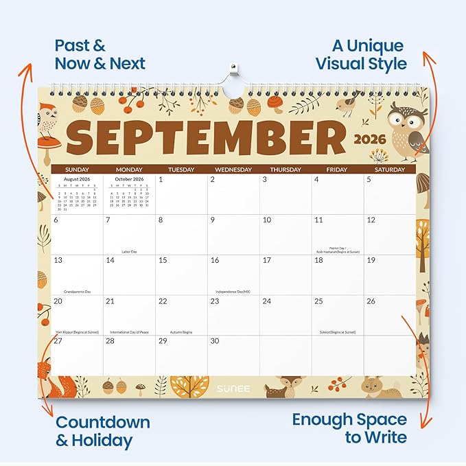 SUNEE Wall Calendar 2026-2027 18 Months Jul. 2026 - Dec. 2027, 14.5"x11.5" Big Grid Hanging Calendar with Note for Organizing & Planning, Monthly Calendar 2026-2027 with Last Month and Next Month, Seasons Color