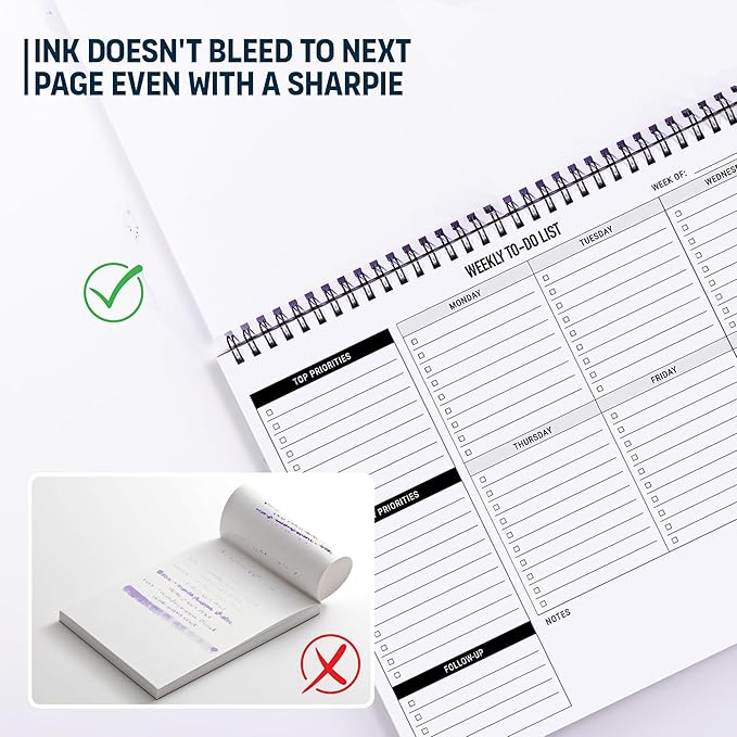 Weekly Planner To Do List Pad - 8.5x11" 52 Sheets Spiral - Desk Notepad with Multiple Sections - Undated Planning Notebook Checklist, Todo Agenda Plan