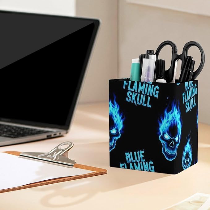 Holder Cup Makeup Brush Storage Organizer, Waterproof Multifunctional Office Supplies, Pen Holder Square Leather Pencil Blue Flaming Fire Skull