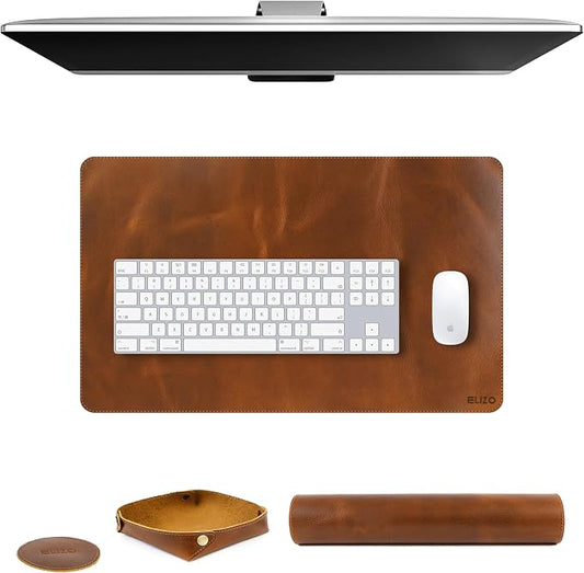 Elizo Real Leather Desk Mat Set (24X12) Large Desk Cover Desk Blotter Protector Computer Gaming Mouse Pad Table Laptop Office Desktop Accessories Antique