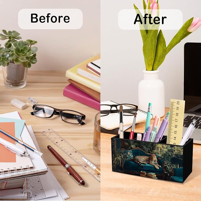 Trendy Retro Leopard Pen Pencil Holder for Desk, Maximalist Preppy Leopard Office Desk Accessories, Funky Cheetah Pen Holders Organizer for Classroom Office Desk