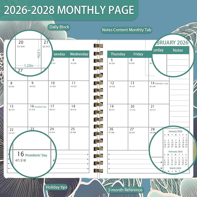 2026-2028 Planner, Three-Year Planner, Daily Plan and Monthly Plan Book, Bound with Iron Circle, A5 (8.26 "x 5.9") (Blue)