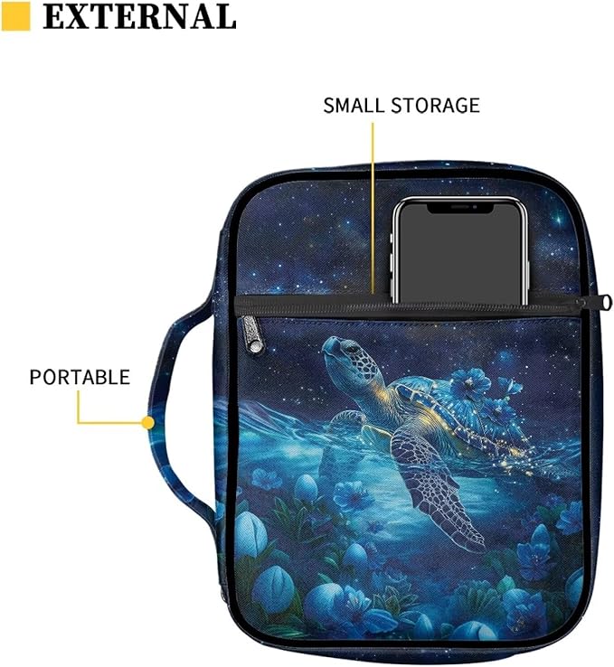 Suobstales Galaxy Turtle Flower Print Bible Cover Carrying Book Case for Women Men Lightweight Bible Bag Bible Protective with Handle and Zippered Pocket