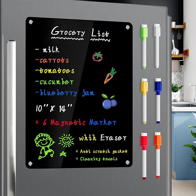 JonXon Acrylic Magnetic Dry Erase Board for Refrigerator,Acrylic Board for Fridge,to Do List for Fridge,Includes 6 Colors Markers(10" X 14” Black Blank)