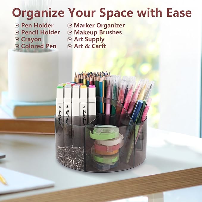 Absonic 250pcs Acrylic Pencil Holder Marker Organizer, 360-Degree Rotating Pen Holder, Crayon Organizers for Kids Pencil Organizer Caddy Art Supply Kids Desk Organizers for Office Home School, Black