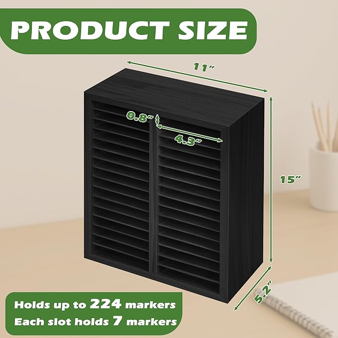 PROLEE Marker Organizer for 224 Markers,Wooden Marker Holder with 32 Slots, Pens Pencils Art Supply Alcohol Markers Storage Organizer for Desk Home Classroom Office Decor(Black,15“x11”x5.2 “)