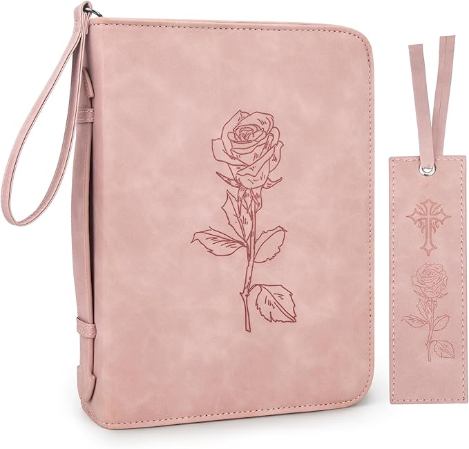 Bible Cover for Women - Leather Study Case with Bookmark, Supplies Carrying Bag Tote with Strap, Personalized Book Organizer for Journaling - Pink