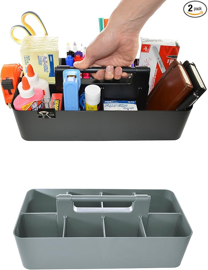 Portable Caddy Organizer -2 Stackable Plastic Caddy with Handle | Desk, Makeup, Dorm Caddy, Classroom Art Organizers (Made In Usa) (Black/Orion Gray)